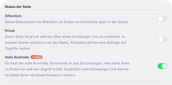 Sicherheit und Privatsphäre bei digitalen Gedenkseiten - Individuelle Einstellungen für den Zugriff
